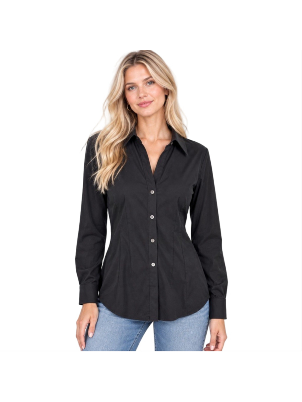 Theory Ermelin Black Fitted Stretch Long Sleeve Button Up Shirt Minimalist Sz L
